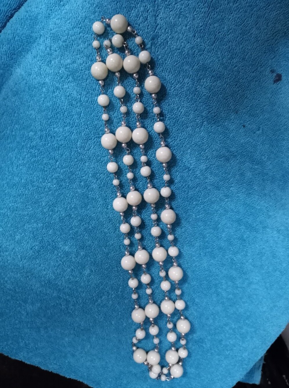 Long White Beaded On Silvertone Chain Statement Necklace